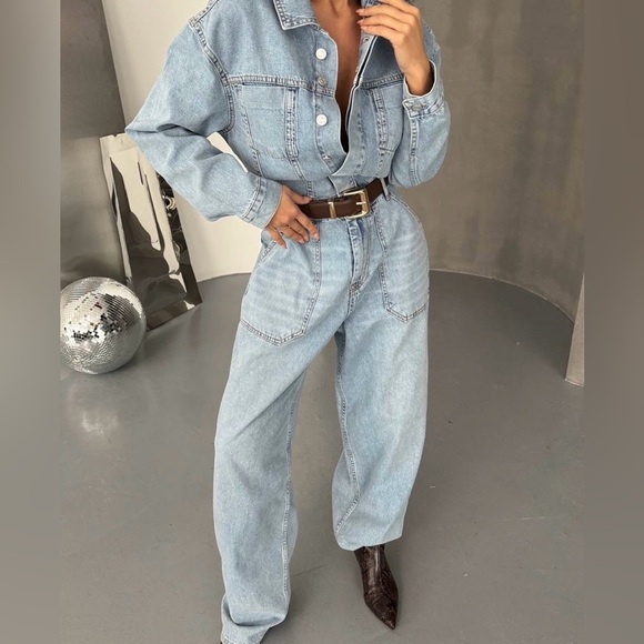 Zara Pants - Zara jumpsuit romper onesie denim jeans light blue